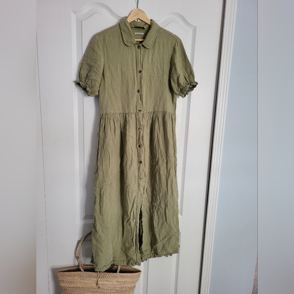 Zara Green Button Up 100% Linen Dress Small Oversized
